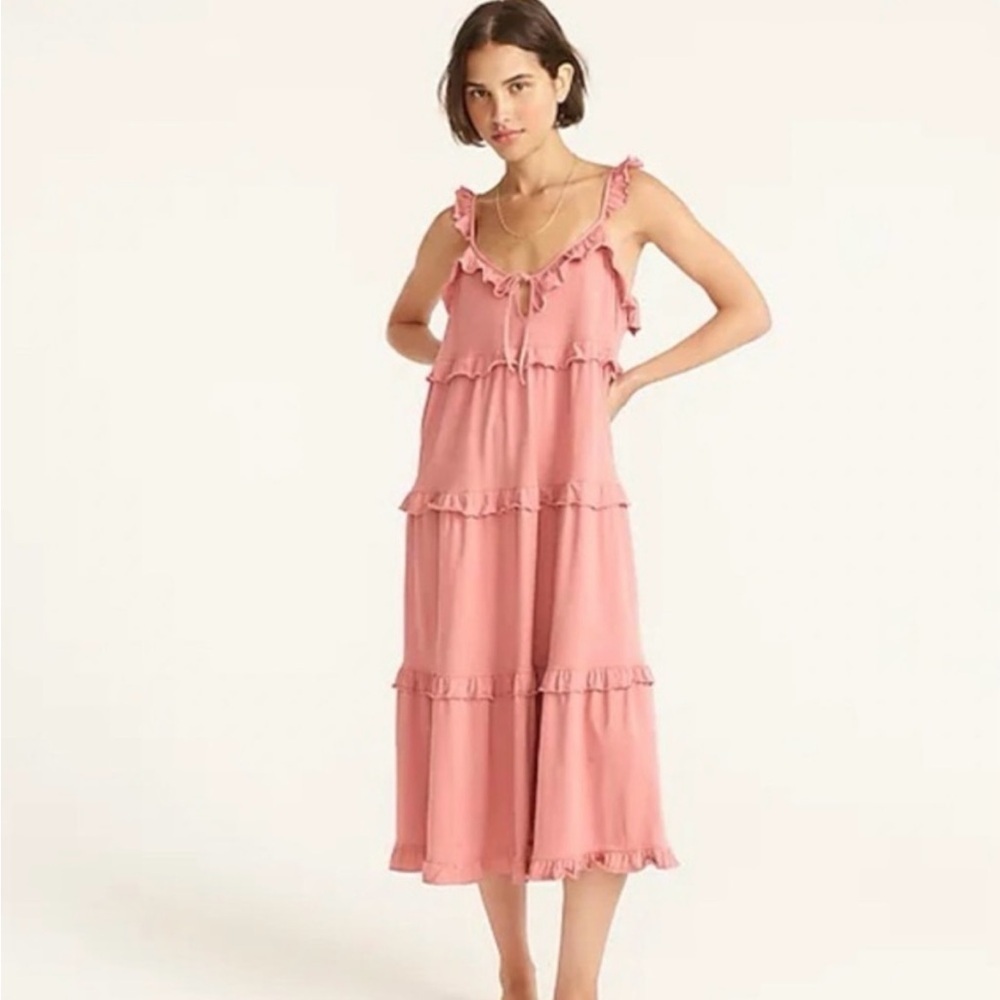 J. Crew Pink Tiered Knit Keyhole Ruffle Midi Maxi Dress Rose Pink Size S